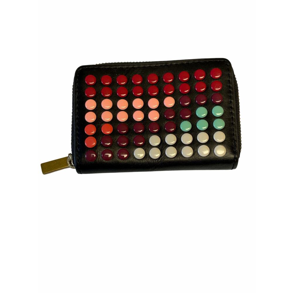 Fossil Black Leather Studded Zip Around Wallet Coin Purse Multicolor